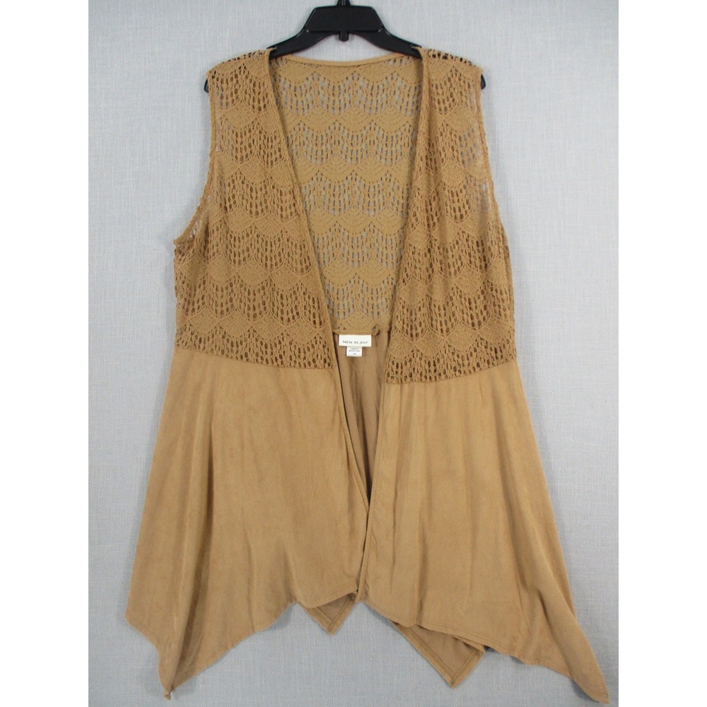Belle du Jour Womens Tan Crochet Lace Faux Suede Open Front Vest Sharkbite Hem M